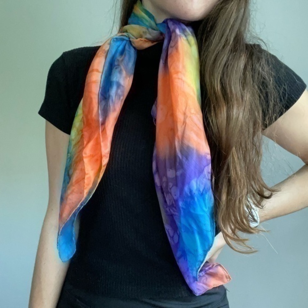 Vintage Silk Tie Dye Rainbow Neck Scarf